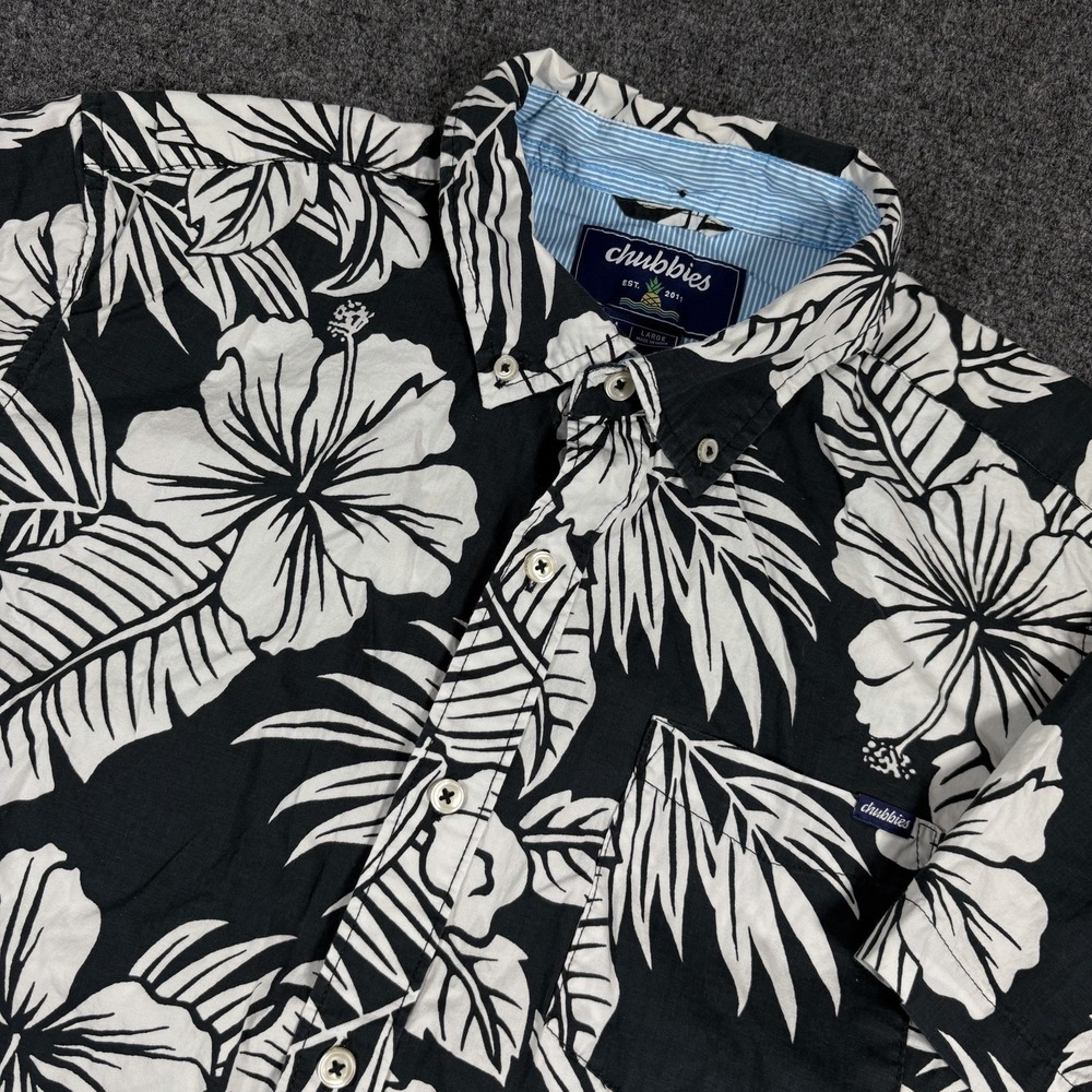 Chubbies Visual Ferner Mens L Cotton Camp Shirt Black Floral Hawaiian Stretch‎